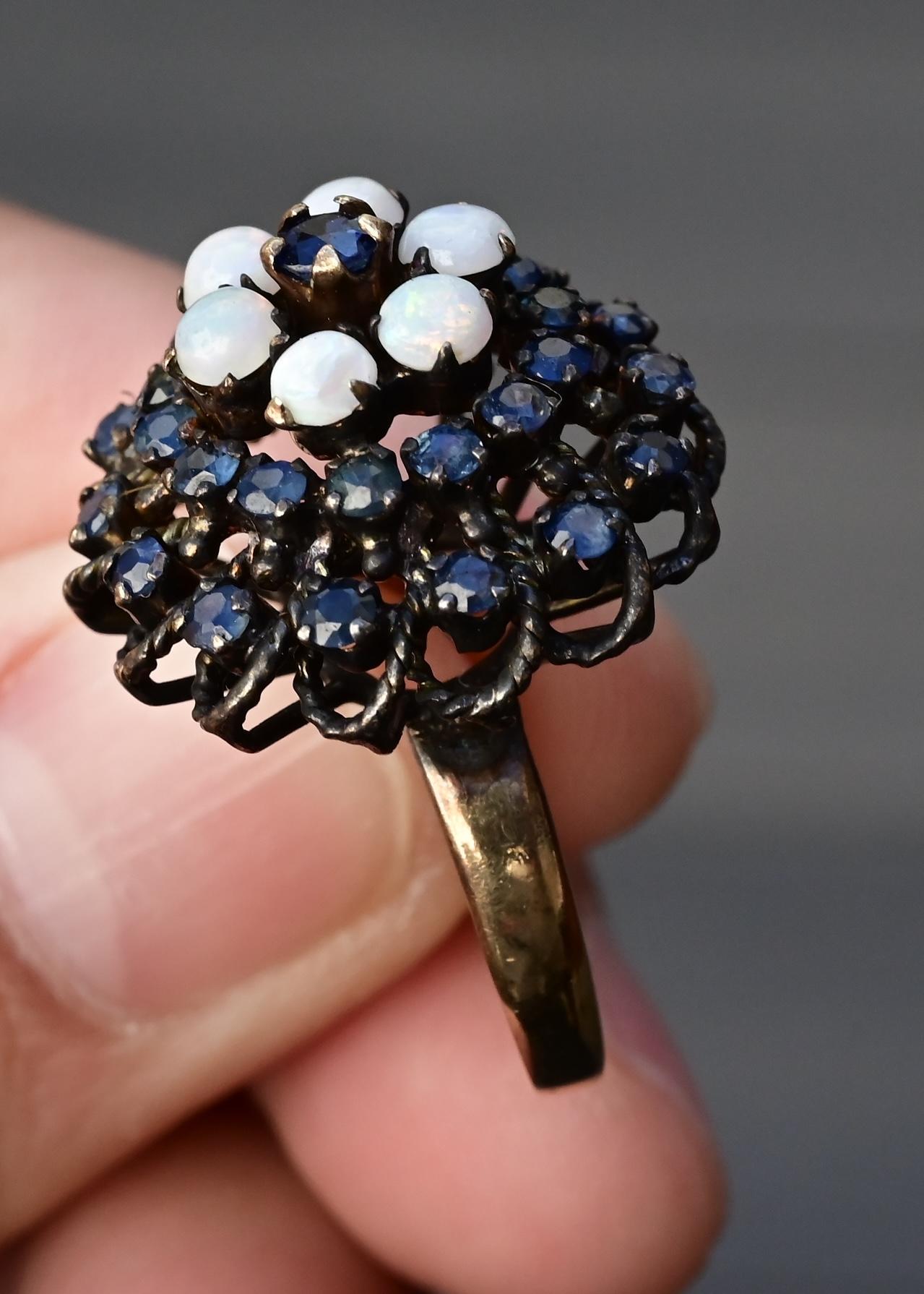 Vintage 14K Yellow Gold Sapphire & Opal Cluster Ring – Size 6.25