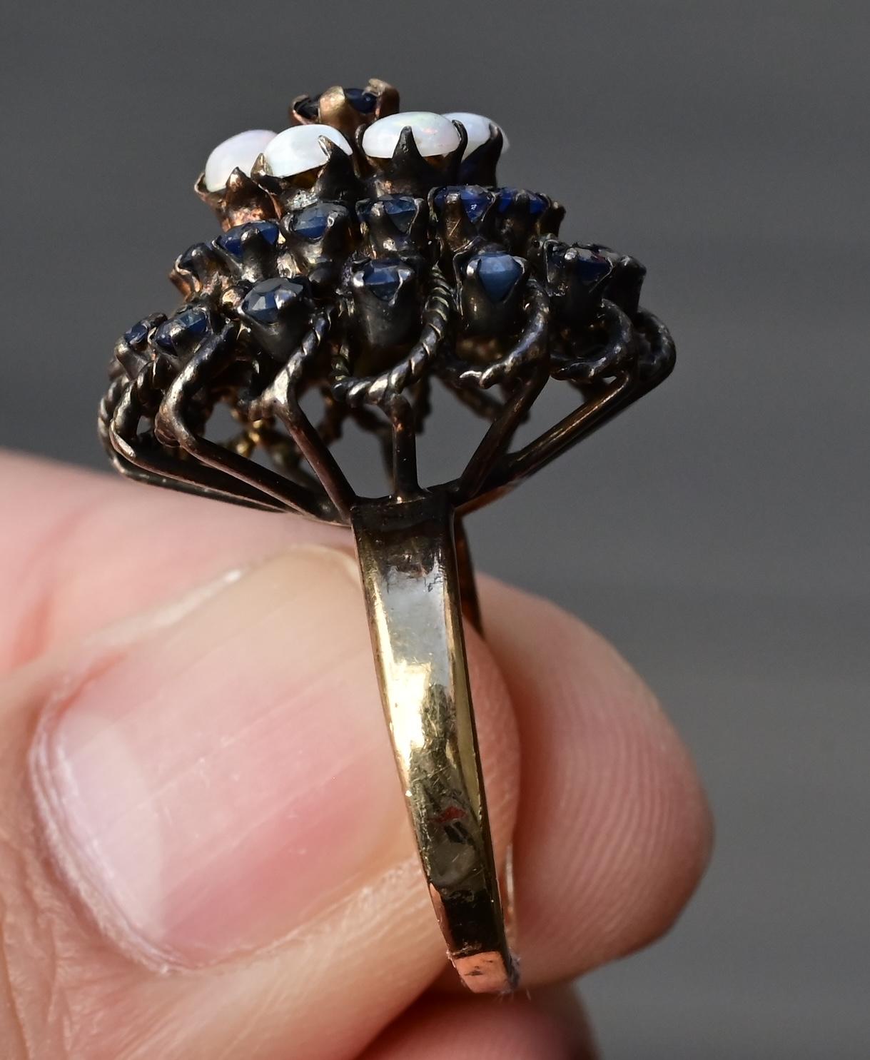 Vintage 14K Yellow Gold Sapphire & Opal Cluster Ring – Size 6.25