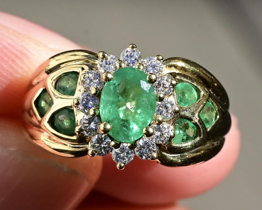 IGI Certified 14K Yellow Gold Emerald & Diamond Cluster Ring – 1.40 TCW, Size 6