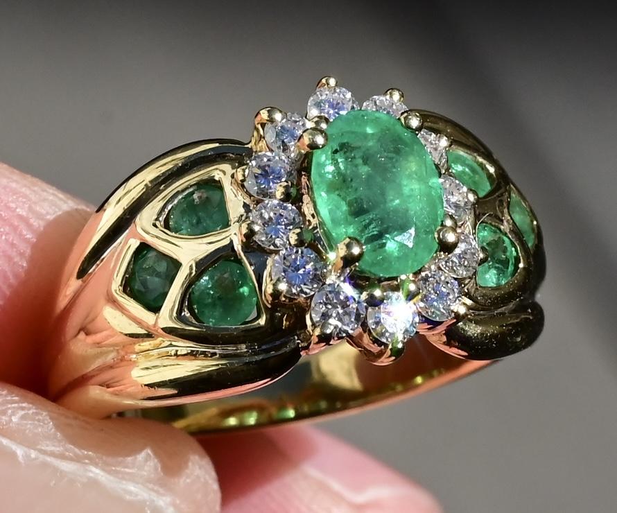14K Yellow Gold Emerald & Diamond Cluster Ring, IGI Certified, 6.06g