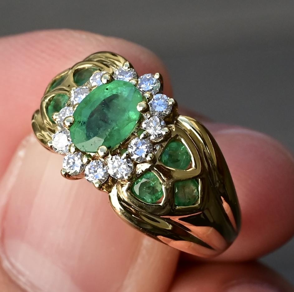14K Yellow Gold Emerald & Diamond Cluster Ring, IGI Certified, 6.06g