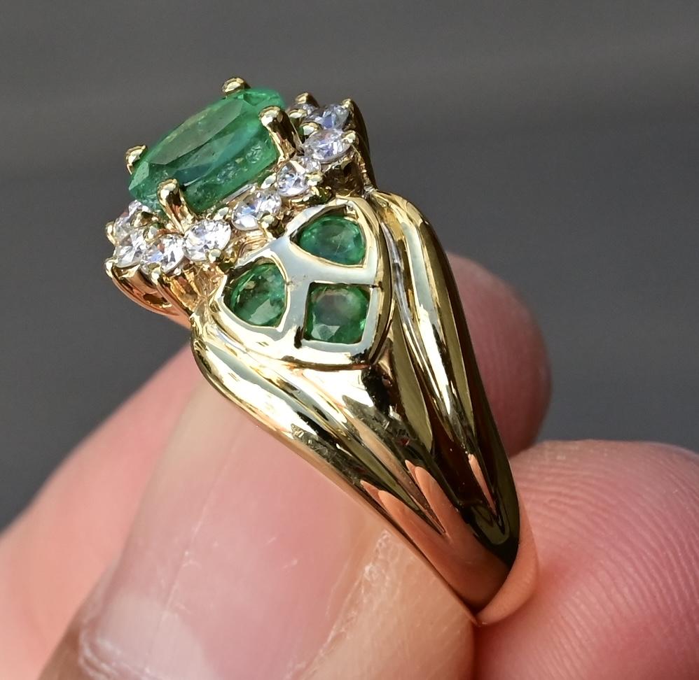 14K Yellow Gold Emerald & Diamond Cluster Ring, IGI Certified, 6.06g
