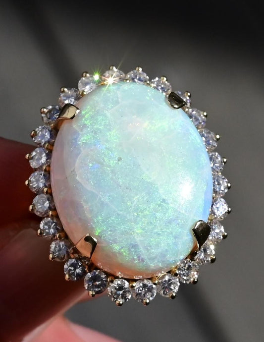 Massive 14K Yellow Gold Natural Opal & Diamond Ring 12.73 Grams