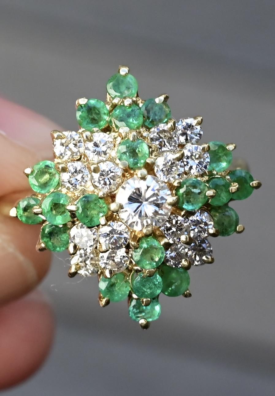14K Yellow Gold Diamond & Emerald Cluster Ring – 0.89 TCW Ring Size 8.75