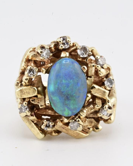 14K Yellow Gold Brutalist Opal & Diamond Ring 9.96g Size 6.5 10×7mm Opal