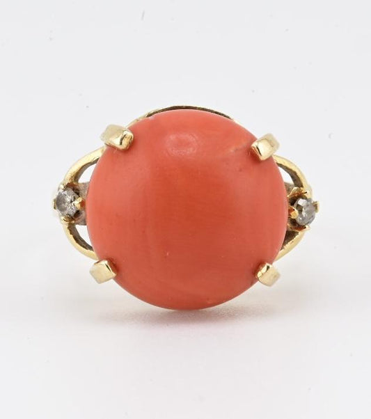 14K Yellow Gold Natural Coral & Diamond Ring 5.89g Size 6.5 Coral 14mm