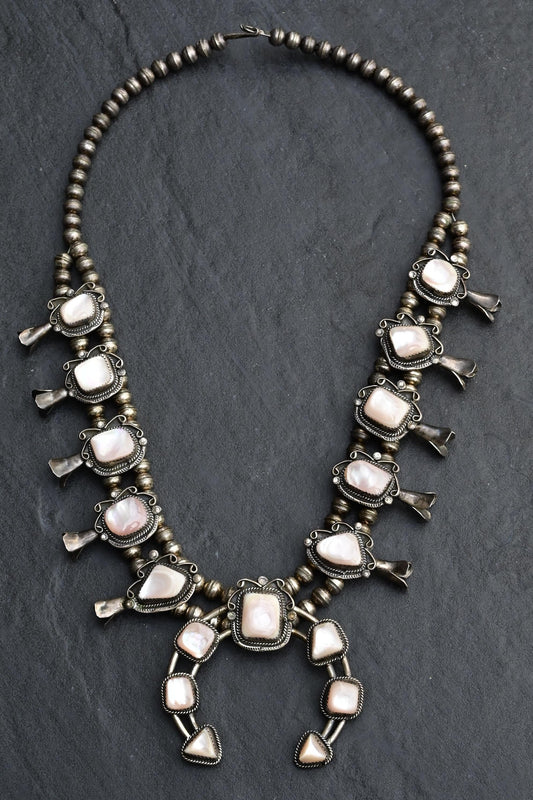 Vintage Navajo Sterling Silver Squash Blossom Necklace with Mother of Pearl