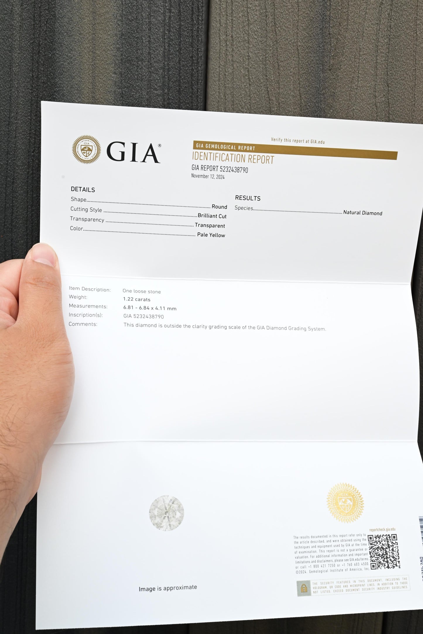 GIA Identified 1.22 Carat Natural Round Brilliant Diamond