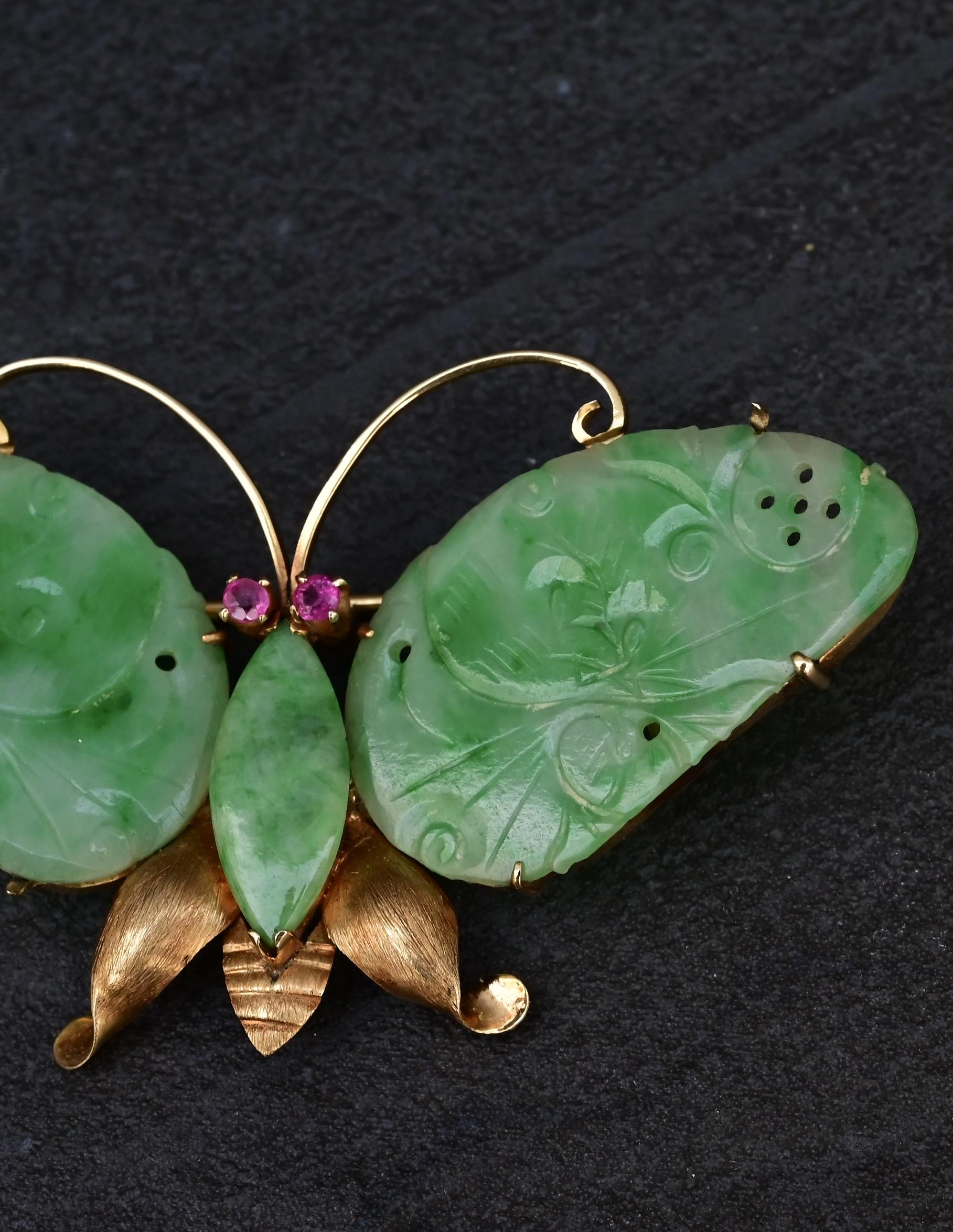 Vintage 14K Gold Carved Jade Butterfly Brooch  2.5" x 1.5" 7.78 Grams