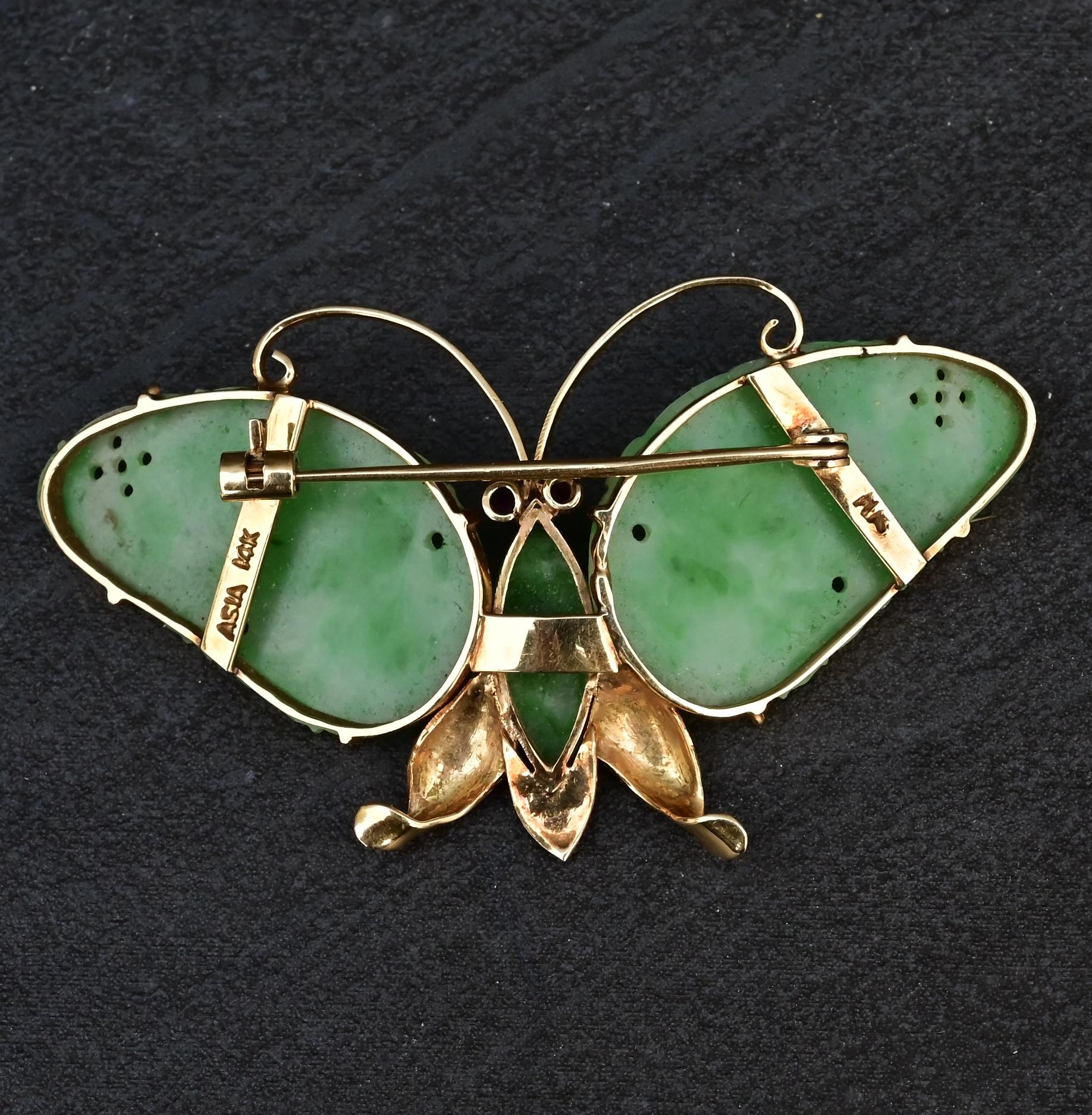 Vintage 14K Gold Carved Jade Butterfly Brooch  2.5" x 1.5" 7.78 Grams