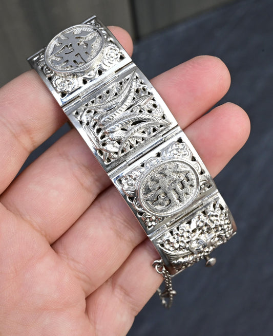 Vintage Chinese Export Silver Filigree Panel Bracelet – 97.62g, 7” Wrist