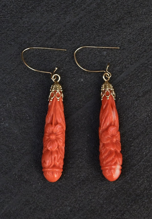 Antique Carved Coral Floral Drop Earrings with 14K Gold Hooks – 5.59 Grams