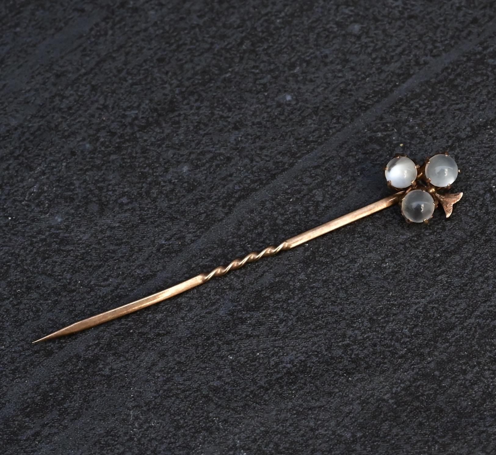 Gorgeous 10K Antique Stick Pin With 3  Moonstones