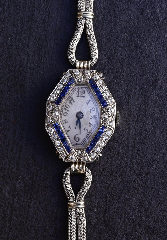 Art Deco 14K White Gold & Platinum Ladies Watch with Diamonds and Blue Sapphires