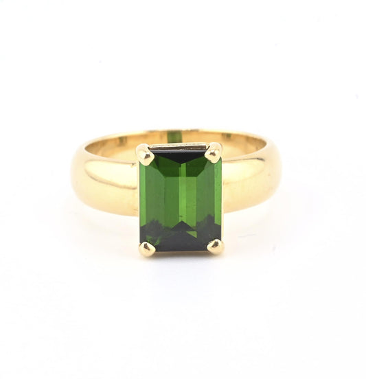 14K Yellow Gold Green Tourmaline Ring • 3.30ct Emerald Cut • Size 7.5 • 6.98g