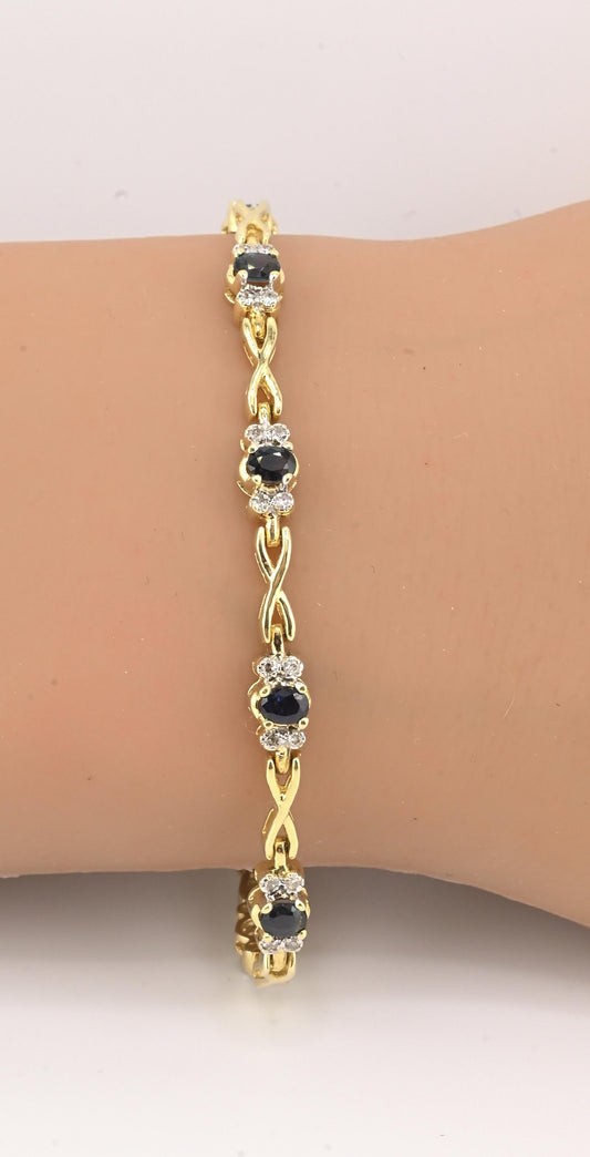14K Yellow Gold Sapphire & Diamond Tennis Bracelet • 11.29g • Natural Sapphires