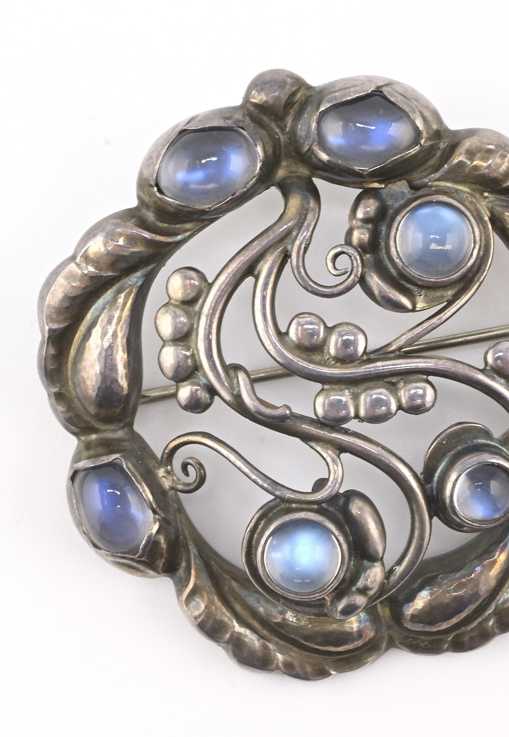 Georg Jensen Sterling Silver Moonstone Brooch • Art Nouveau Style • 17.39g