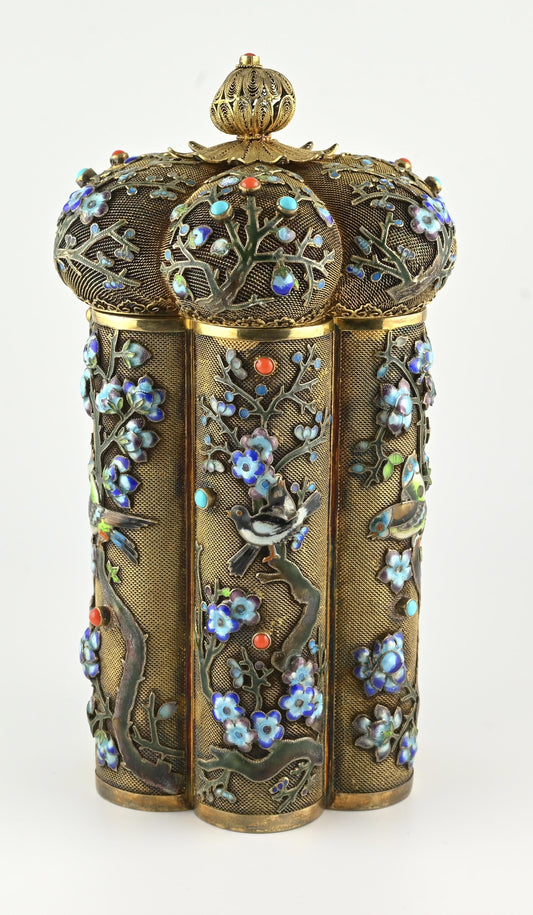 Vintage Chinese Silver Enamel Tea Caddy Box with Turquoise Coral Beads