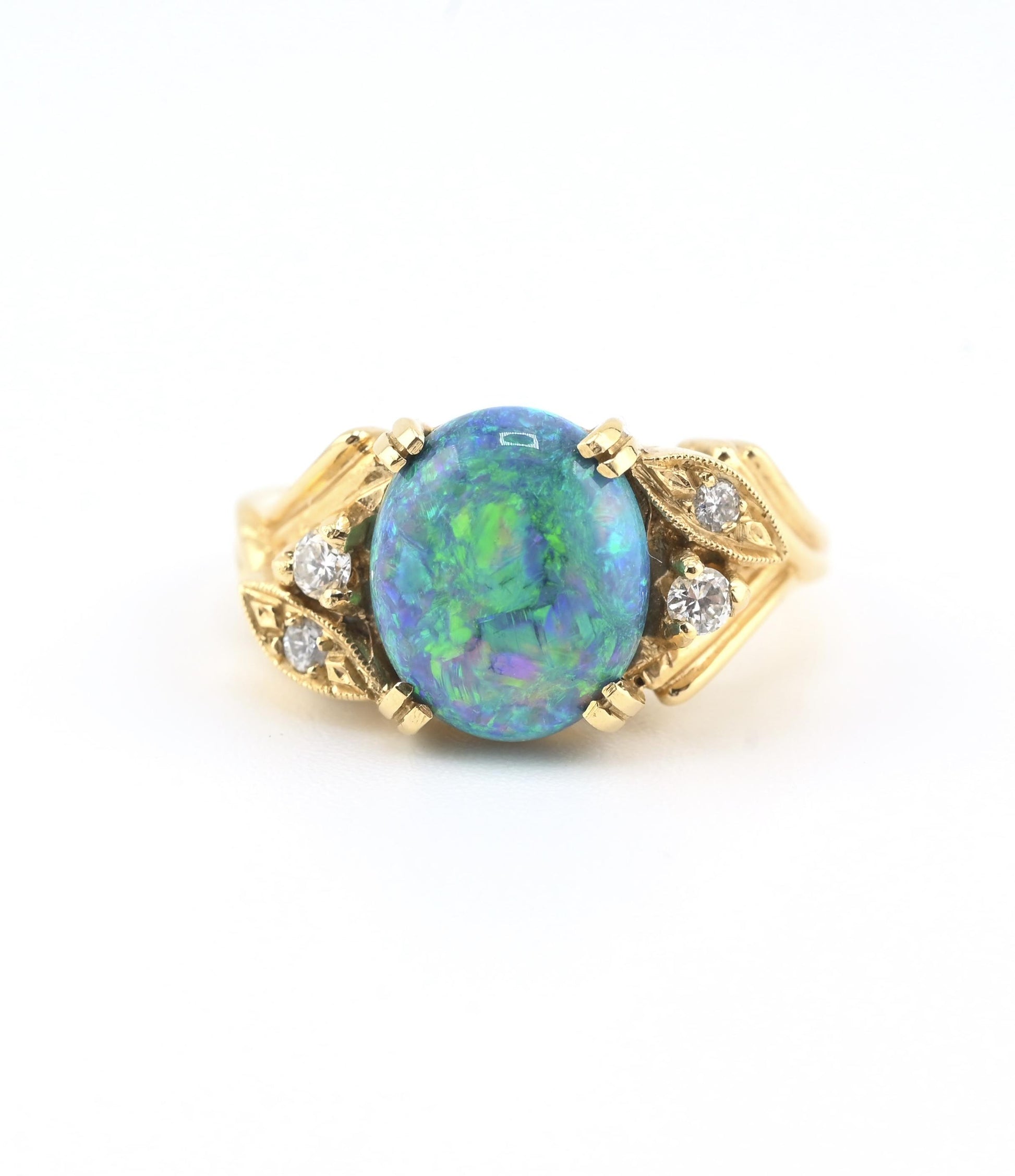 GIA Certified 2.40ct Natural Black Opal & Diamond Ring 14K Yellow Gold