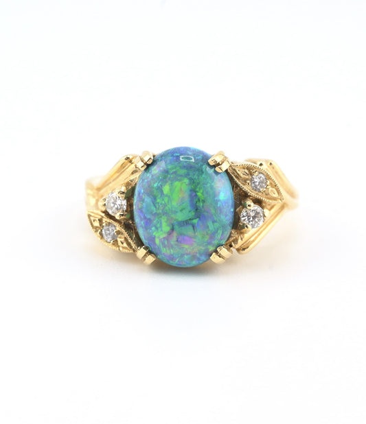 GIA Certified 2.40ct Natural Black Opal & Diamond Ring 14K Yellow Gold