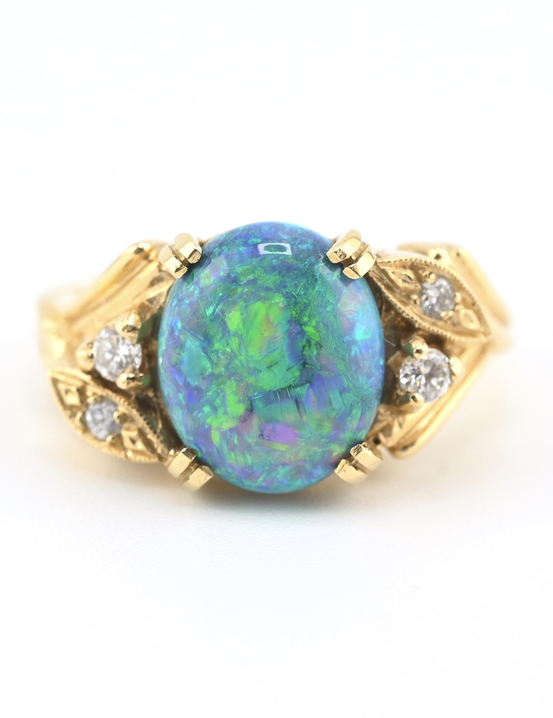 GIA Certified 2.40ct Natural Black Opal & Diamond Ring 14K Yellow Gold