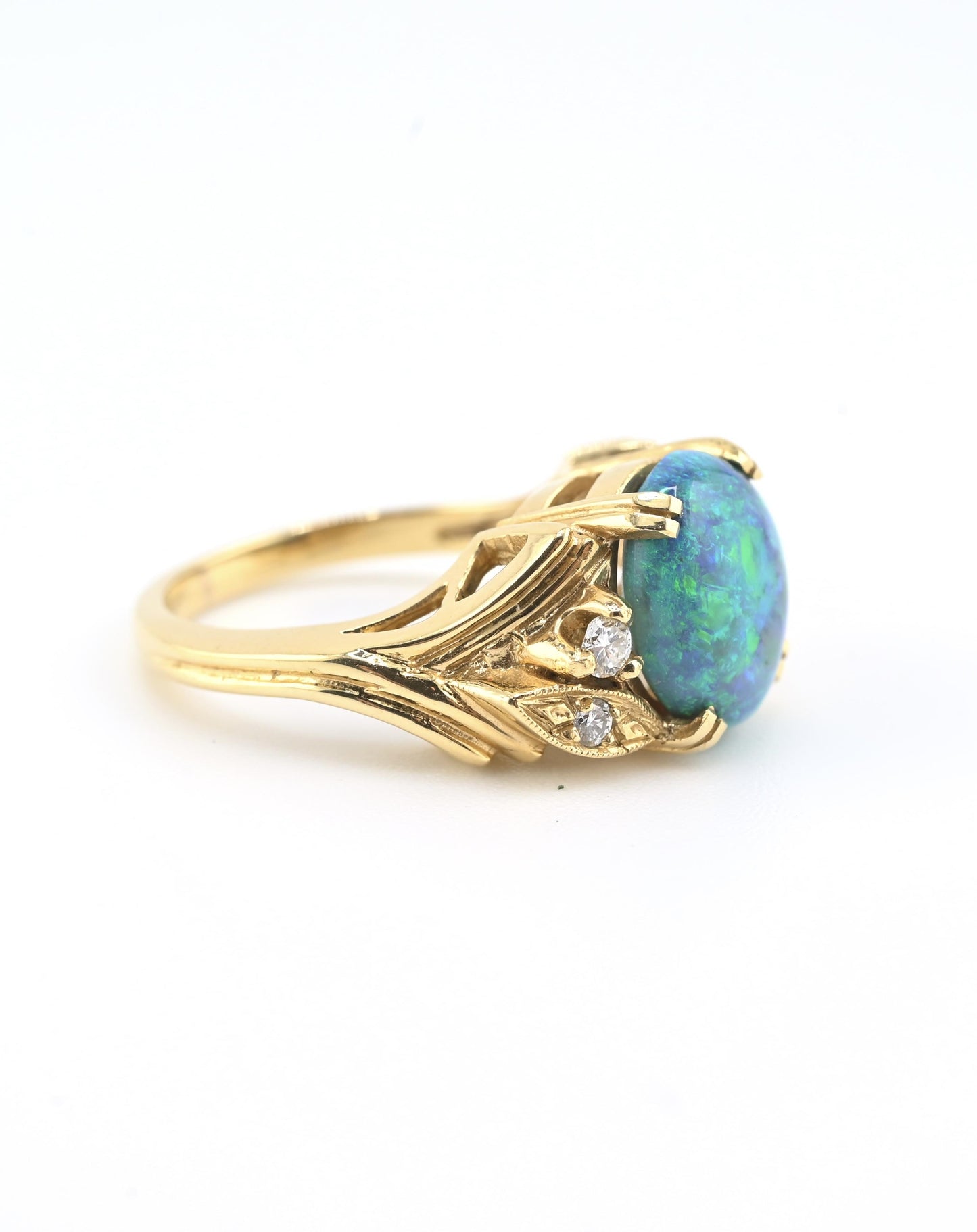 GIA Certified 2.40ct Natural Black Opal & Diamond Ring 14K Yellow Gold
