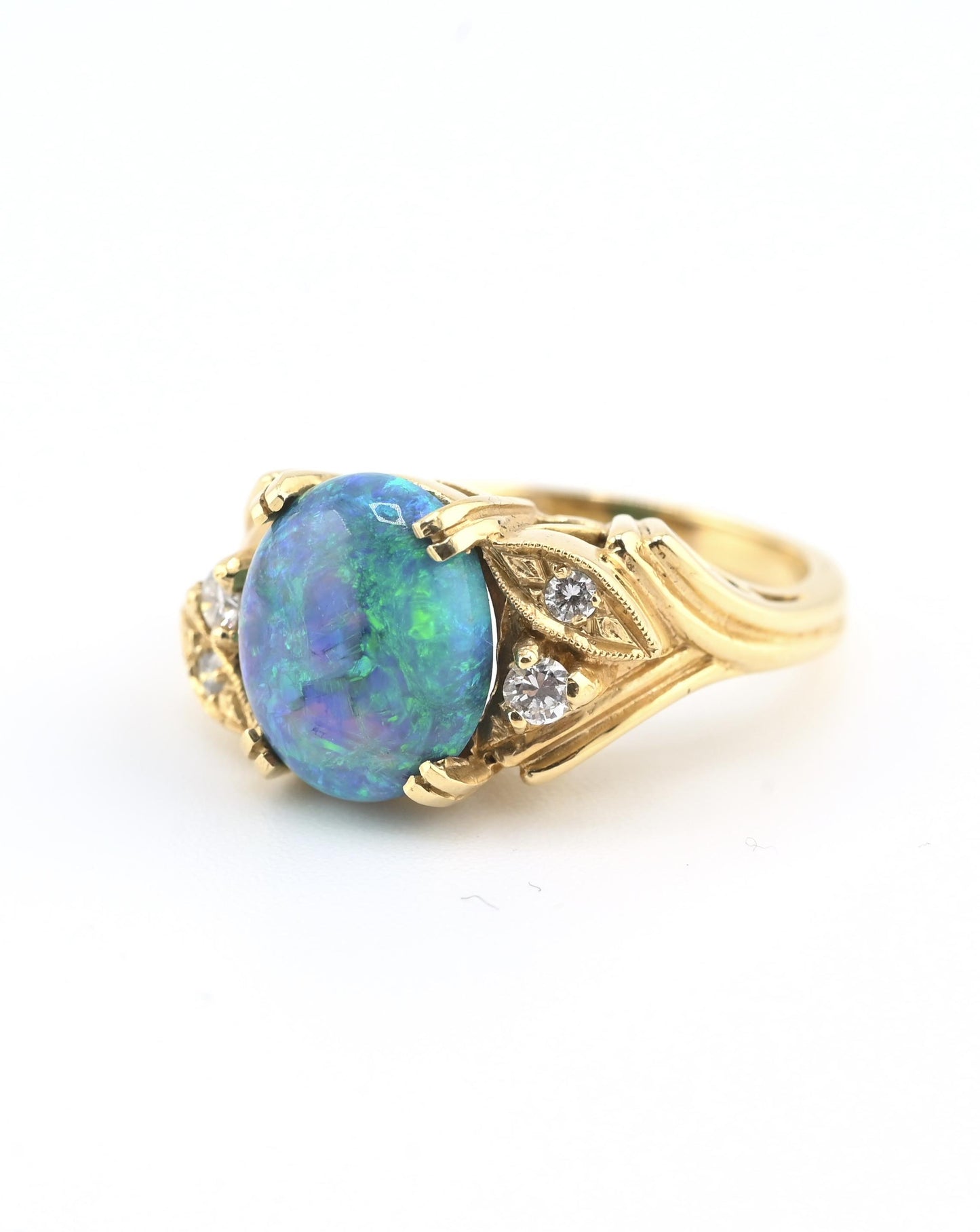GIA Certified 2.40ct Natural Black Opal & Diamond Ring 14K Yellow Gold