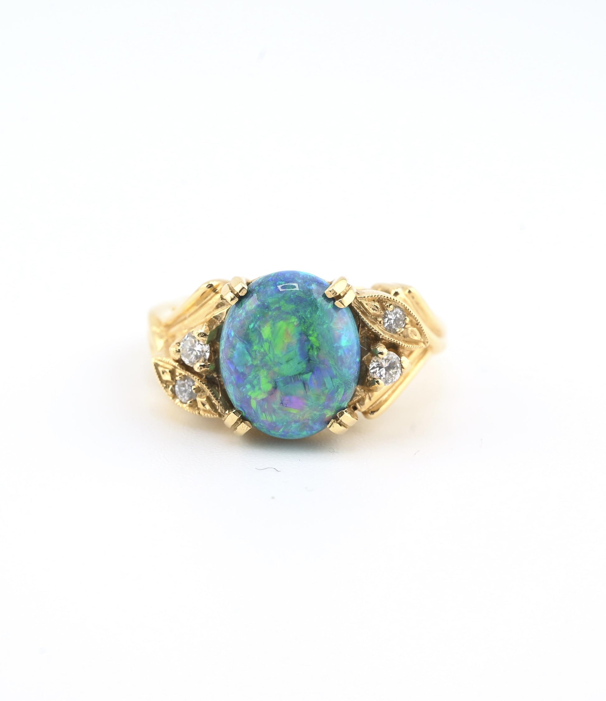 GIA Certified 2.40ct Natural Black Opal & Diamond Ring 14K Yellow Gold