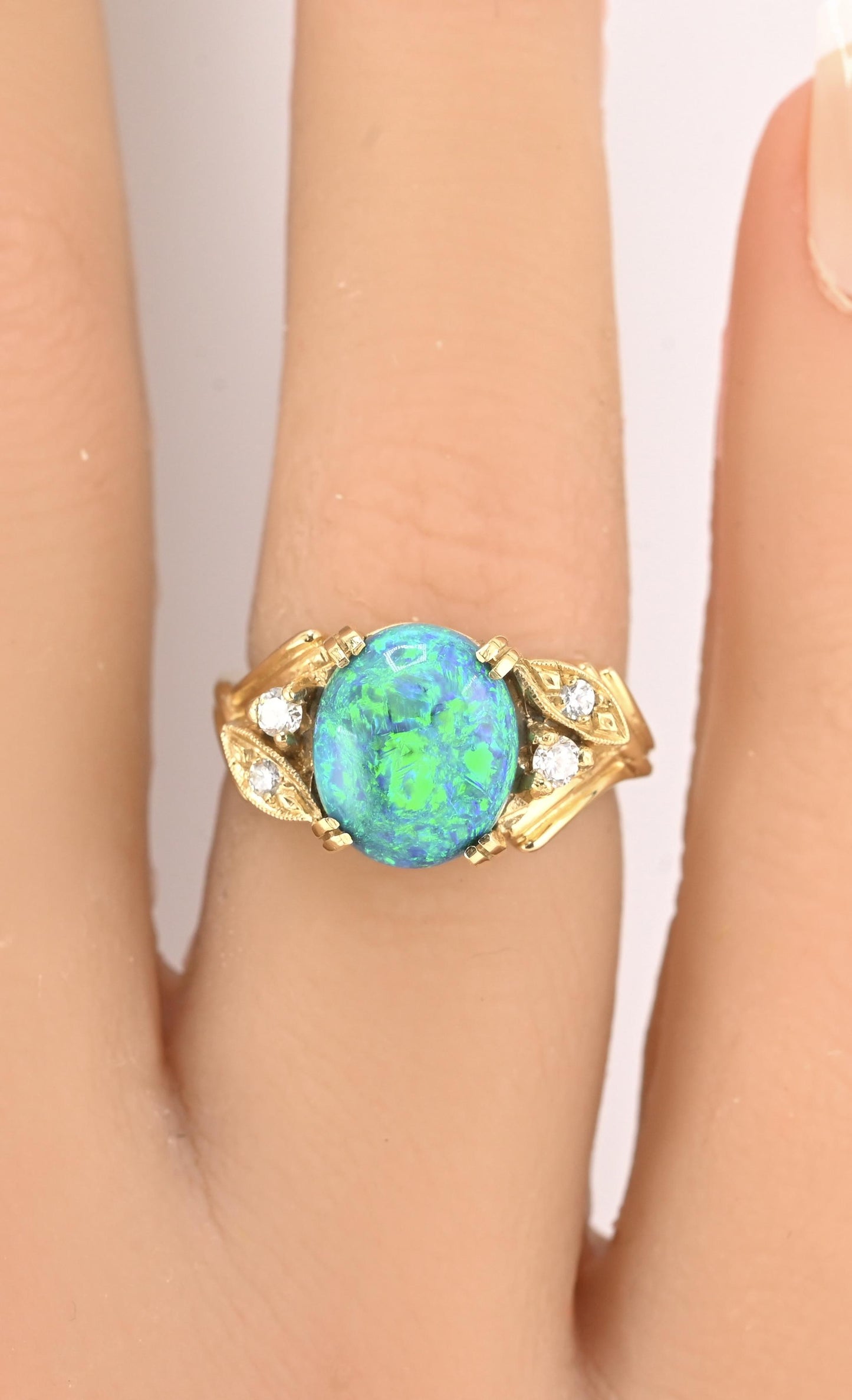 GIA Certified 2.40ct Natural Black Opal & Diamond Ring 14K Yellow Gold