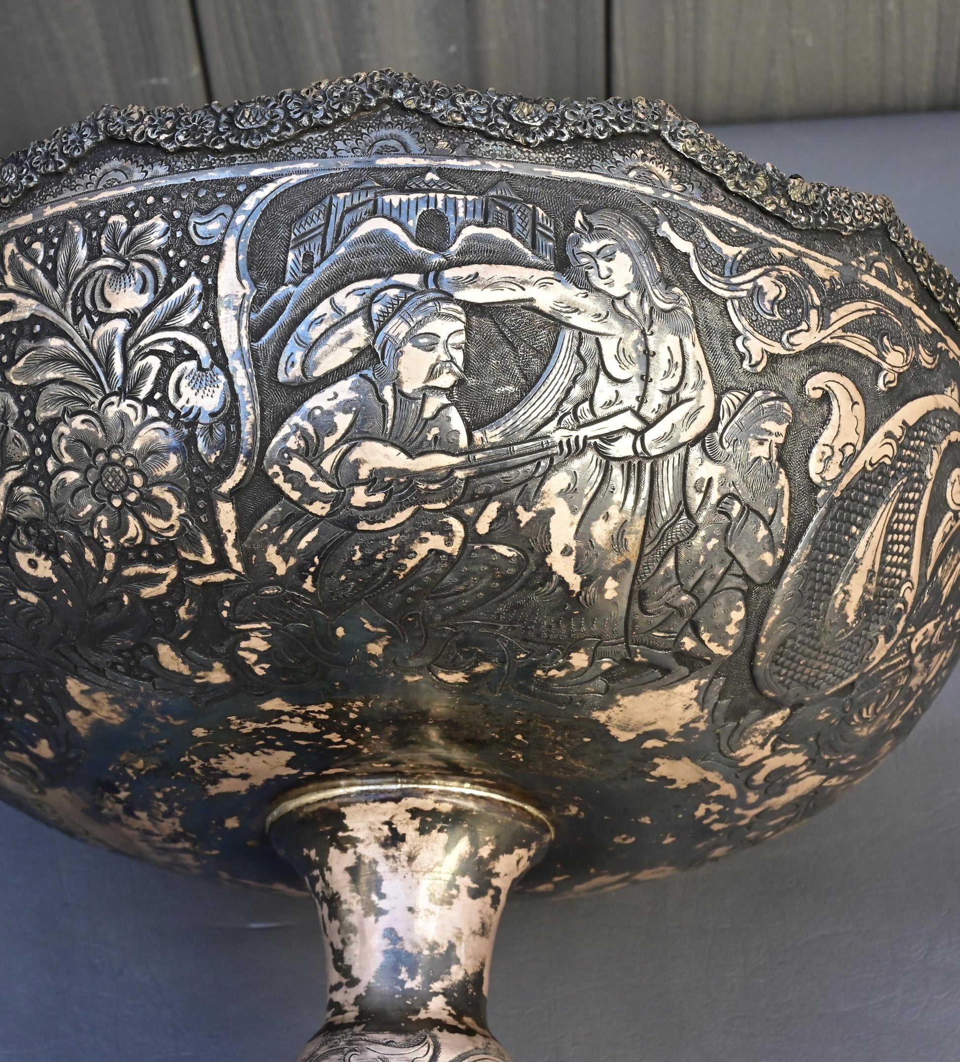 Antique Persian Silver Centerpiece Bowl – Hand-Engraved Qajar Court Scenes