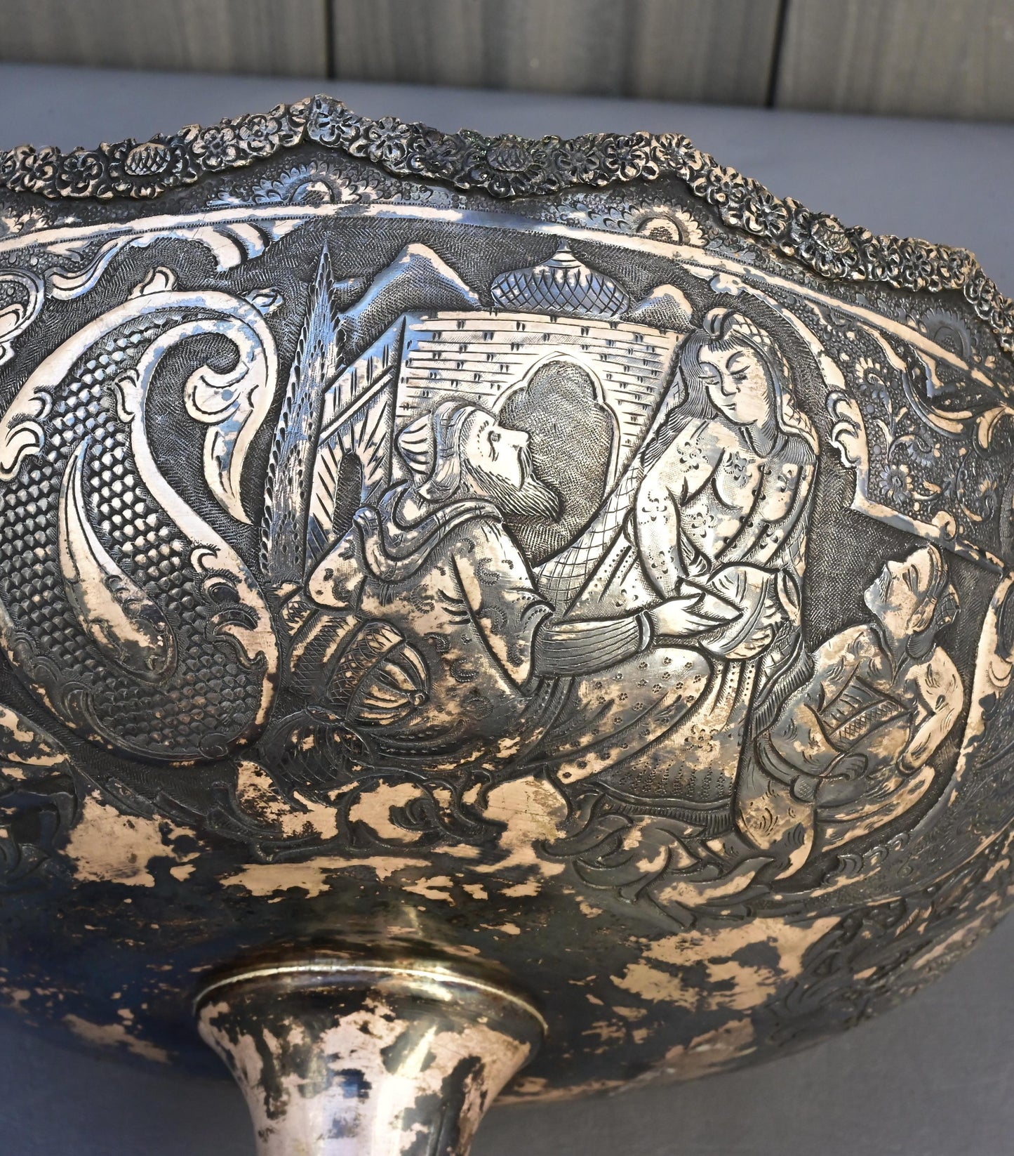Antique Persian Silver Centerpiece Bowl – Hand-Engraved Qajar Court Scenes