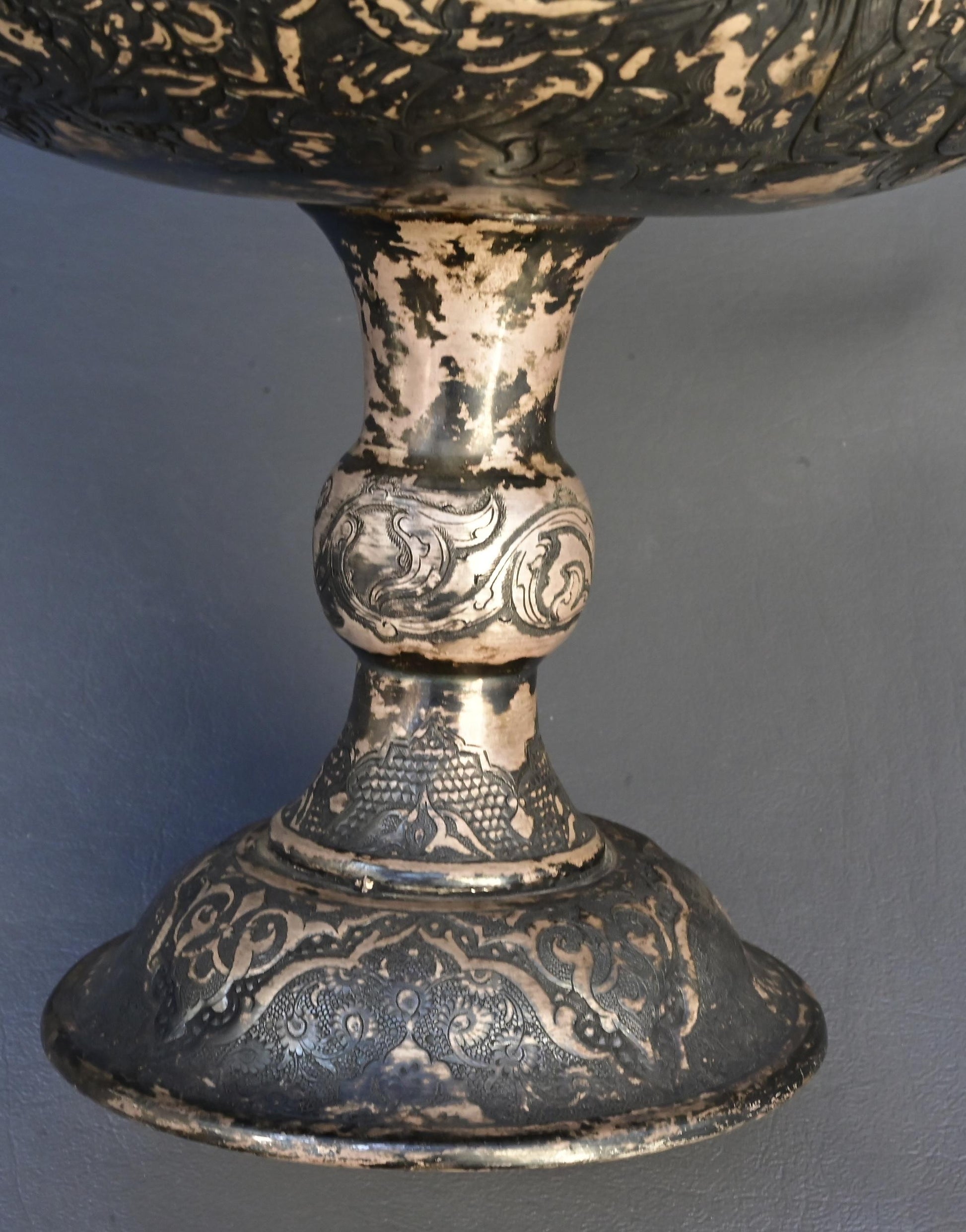 Antique Persian Silver Centerpiece Bowl – Hand-Engraved Qajar Court Scenes