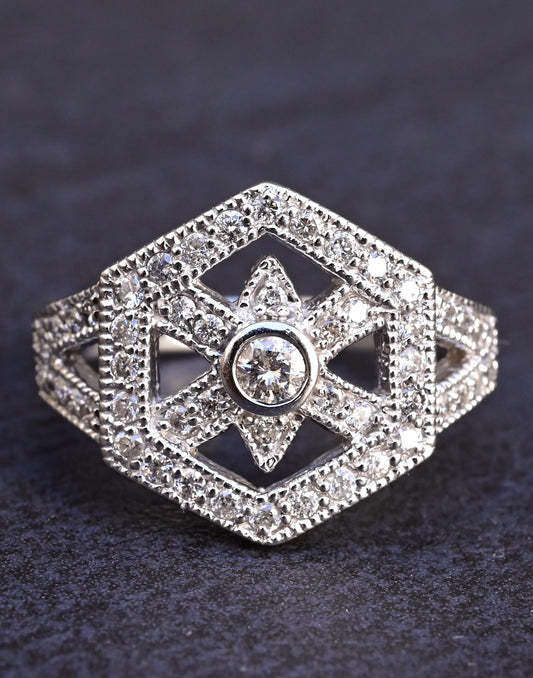 IGI Certified 14K White Gold Geometric Diamond Ring – 0.75 TCW, Size 8