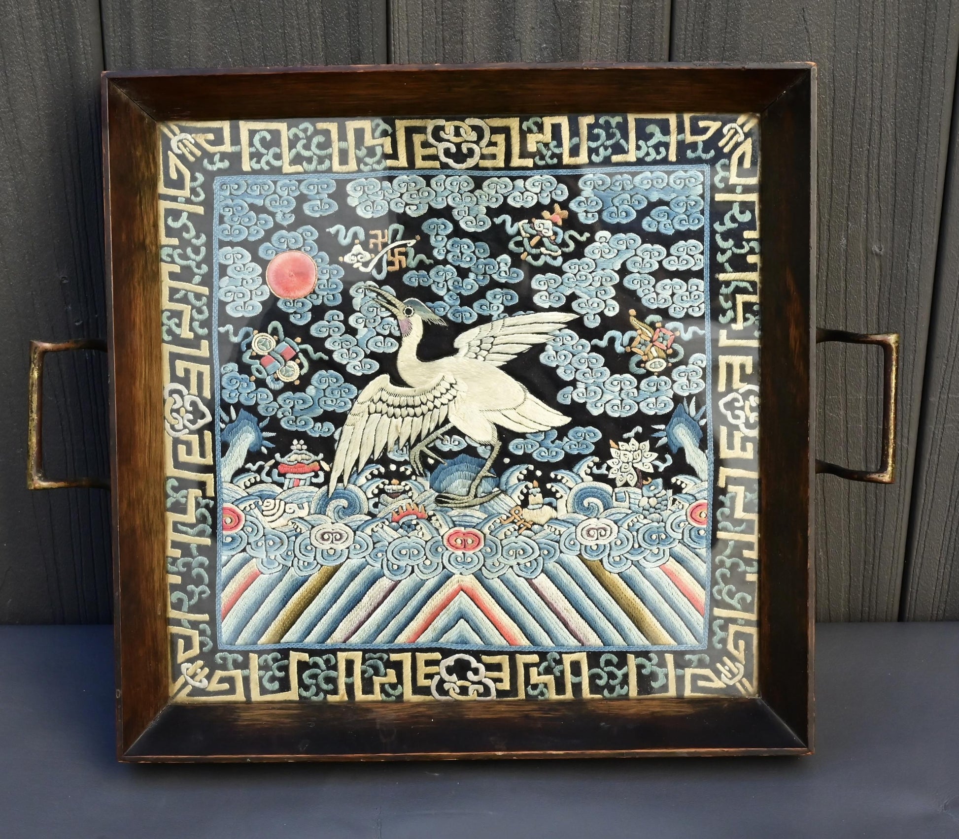 Antique Chinese Qing Dynasty Silk Embroidered Rank Badge Mounted in Tray