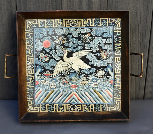 Antique Chinese Qing Dynasty Silk Embroidered Rank Badge Mounted in Tray