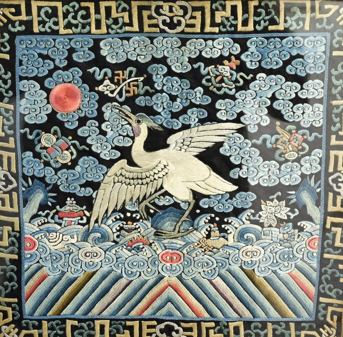 Antique Chinese Qing Dynasty Silk Embroidered Rank Badge Mounted in Tray