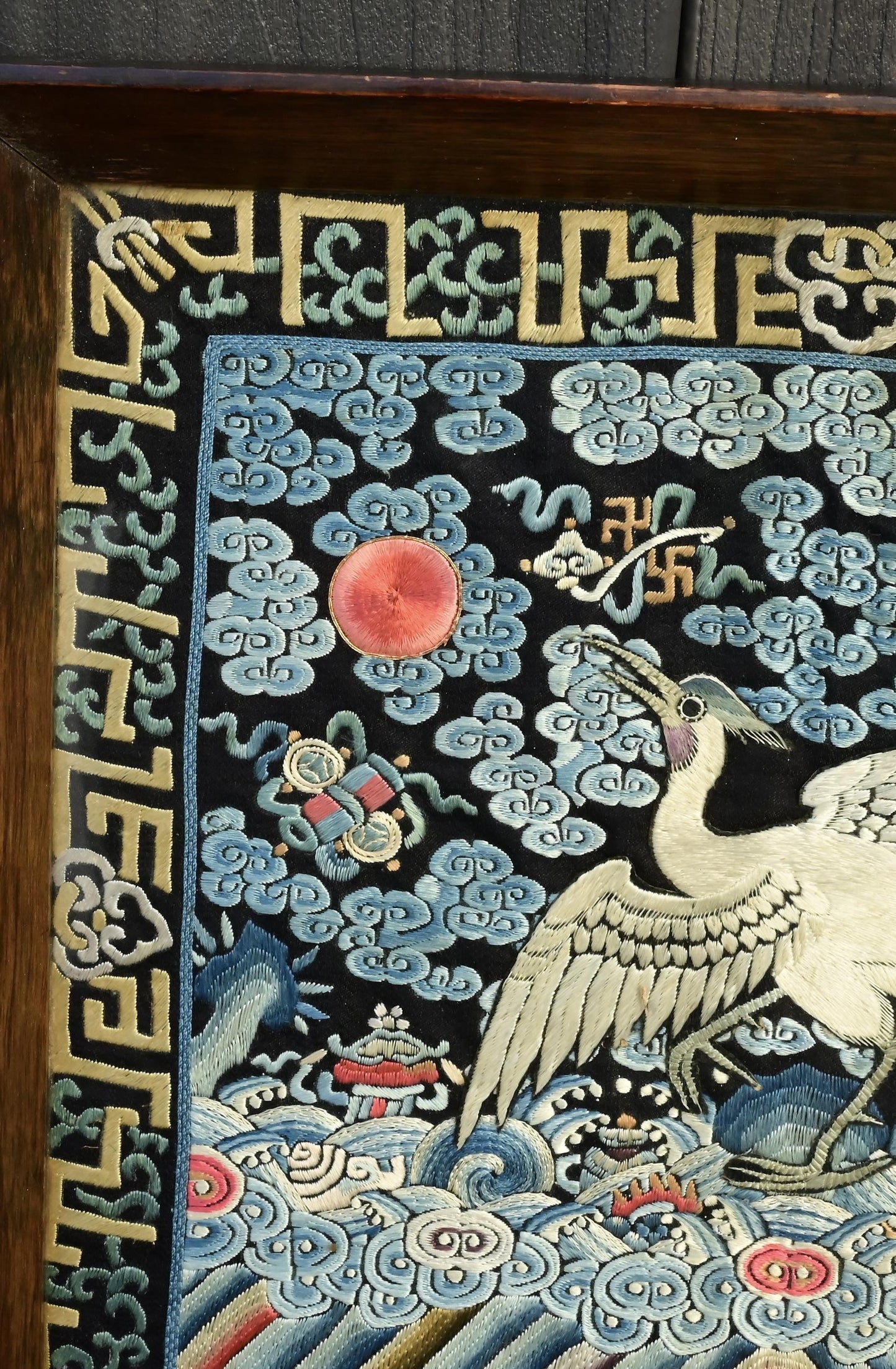 Antique Chinese Qing Dynasty Silk Embroidered Rank Badge Mounted in Tray