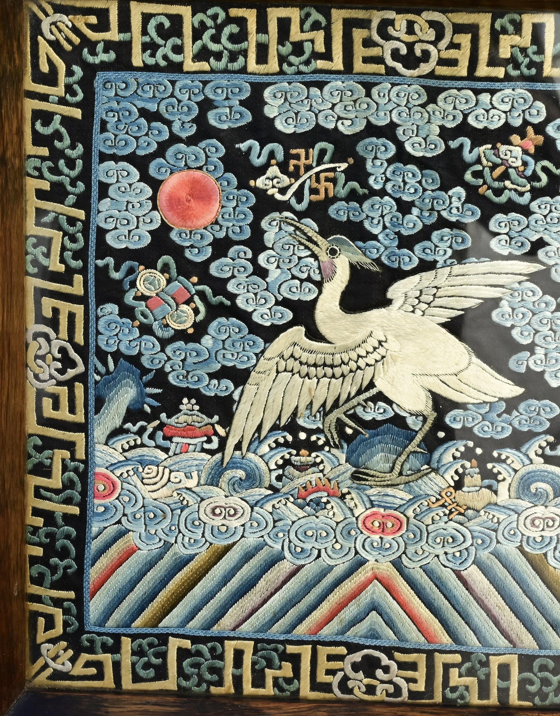 Antique Chinese Qing Dynasty Silk Embroidered Rank Badge Mounted in Tray