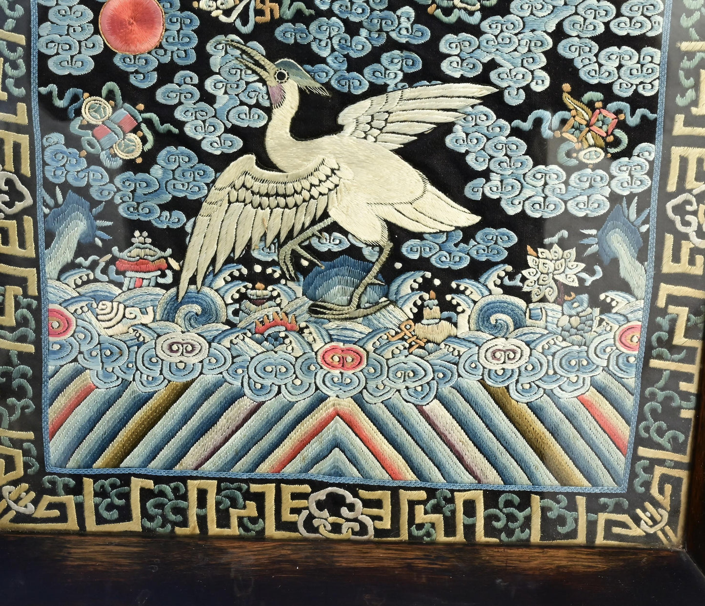 Antique Chinese Qing Dynasty Silk Embroidered Rank Badge Mounted in Tray