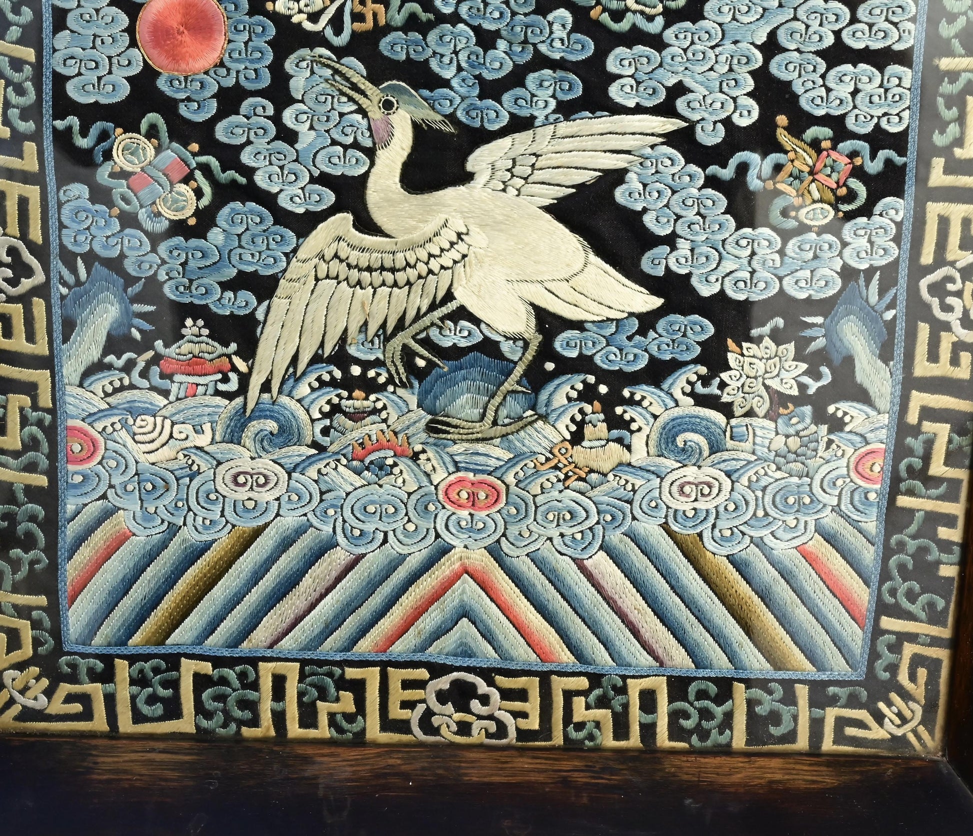 Antique Chinese Qing Dynasty Silk Embroidered Rank Badge Mounted in Tray