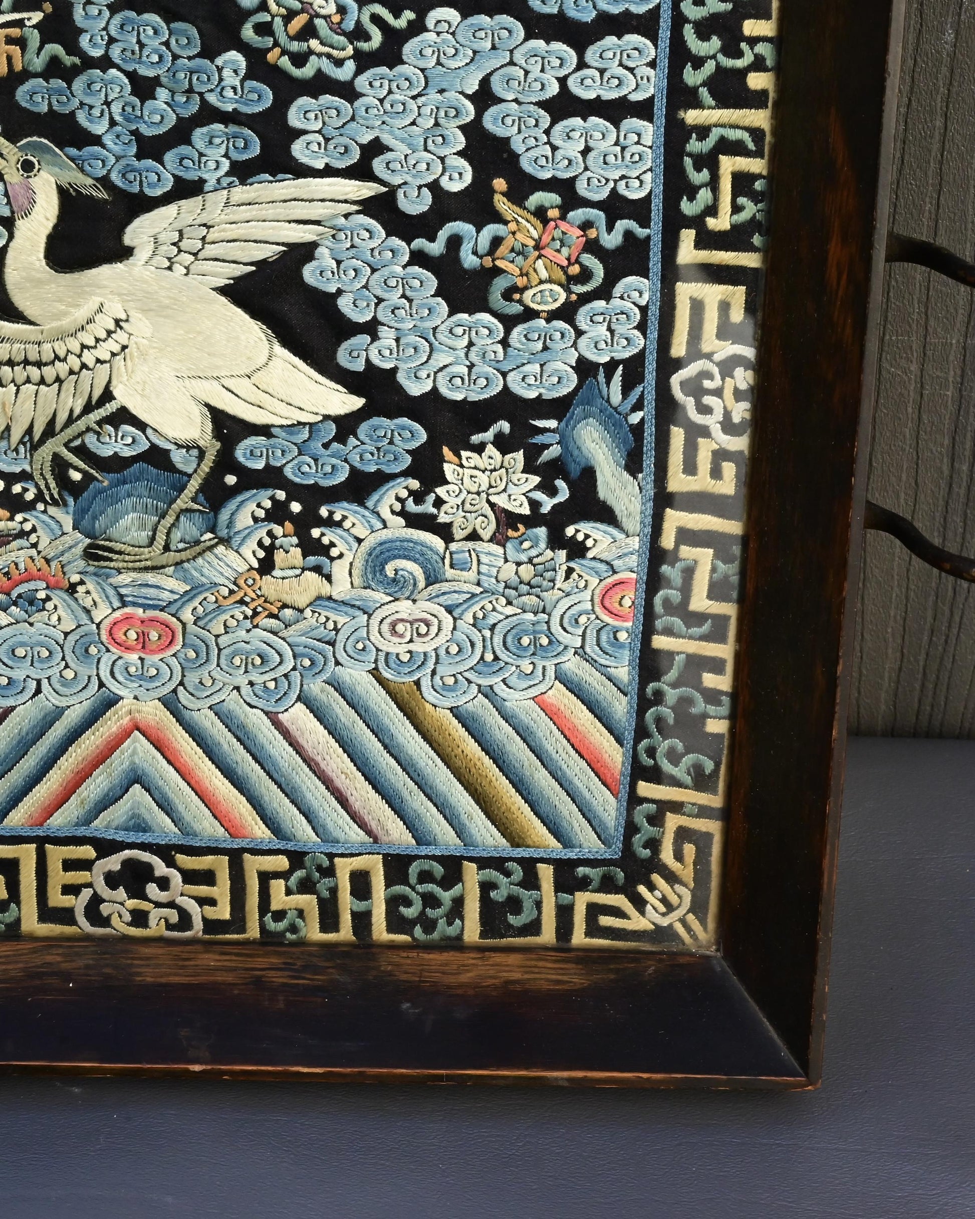 Antique Chinese Qing Dynasty Silk Embroidered Rank Badge Mounted in Tray