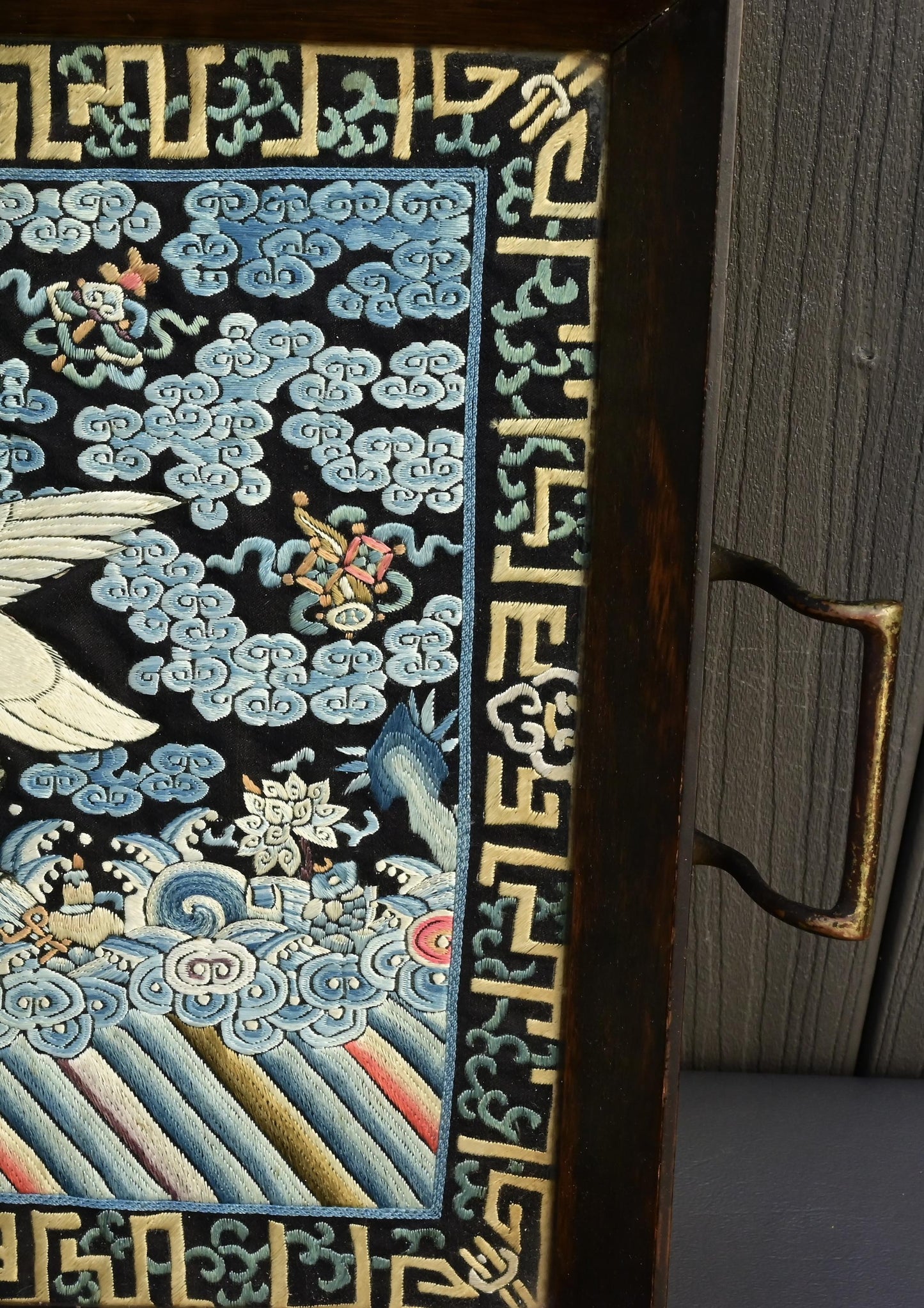 Antique Chinese Qing Dynasty Silk Embroidered Rank Badge Mounted in Tray