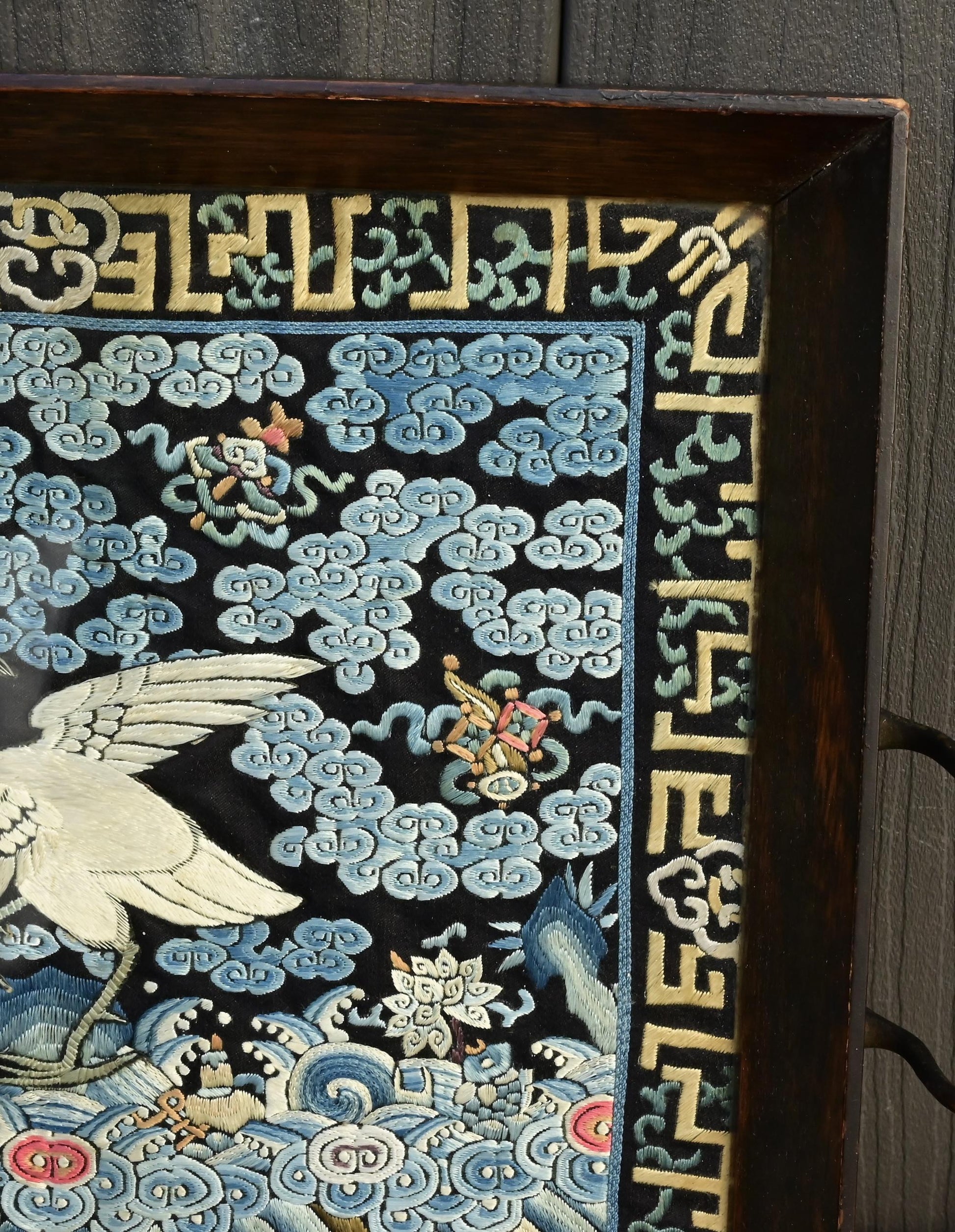 Antique Chinese Qing Dynasty Silk Embroidered Rank Badge Mounted in Tray