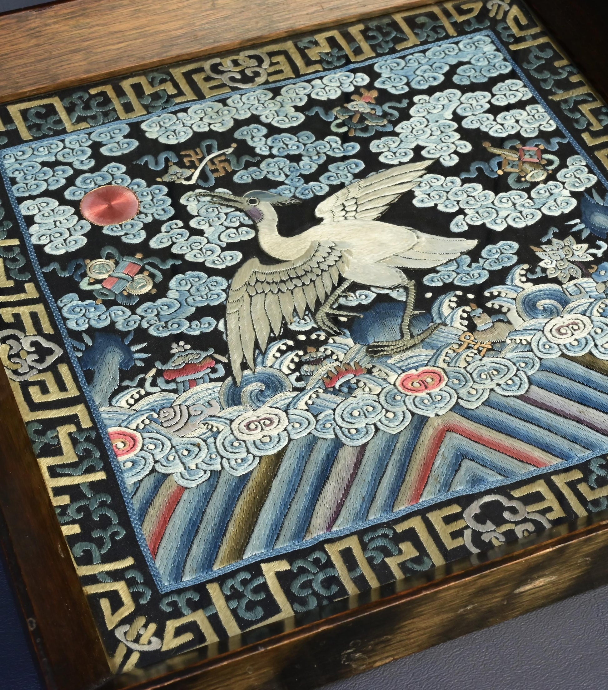 Antique Chinese Qing Dynasty Silk Embroidered Rank Badge Mounted in Tray