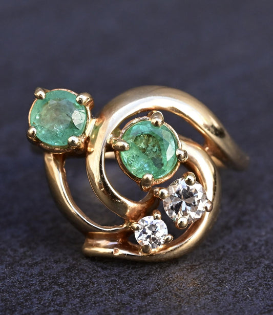 14K Yellow Gold Emerald & Diamond Bypass Ring IGI Certified