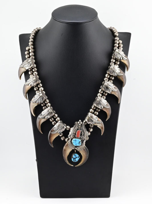 Navajo M. Tsosie Sterling Silver Necklace 125.26g Turquoise Coral Claw Naja