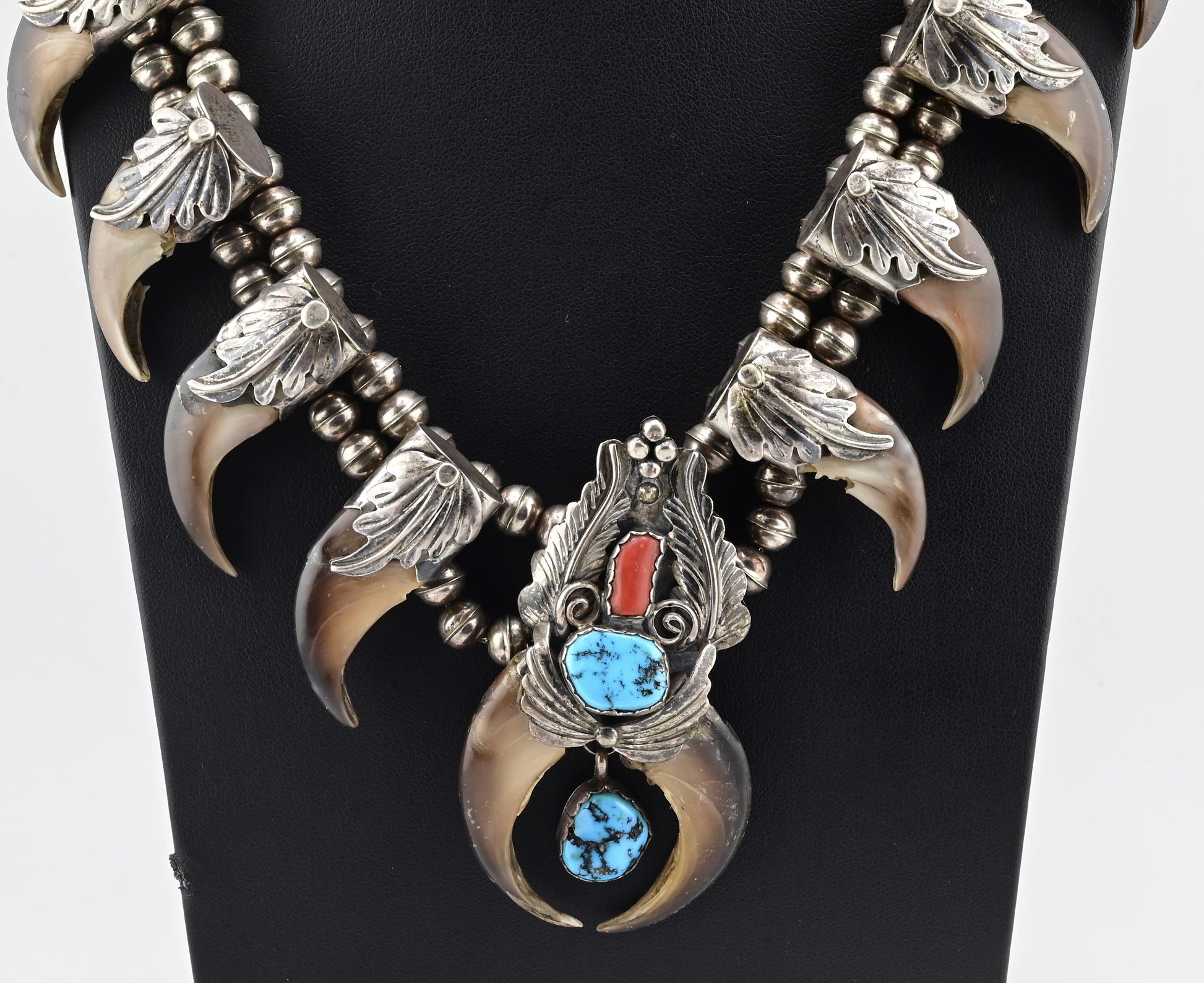 Navajo M. Tsosie Sterling Silver Necklace 125.26g Turquoise Coral Claw Naja