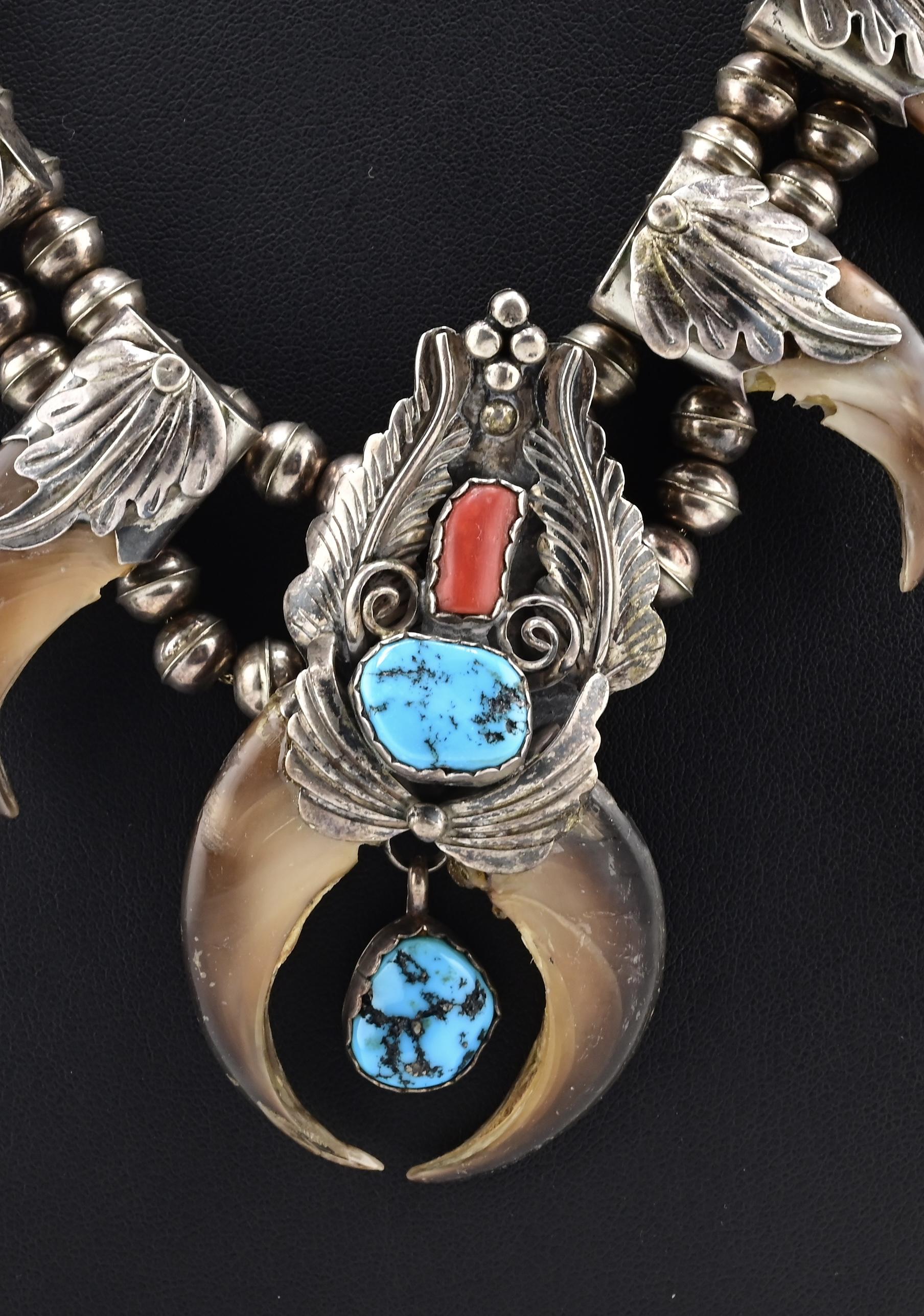 Navajo M. Tsosie Sterling Silver Necklace 125.26g Turquoise Coral Claw Naja
