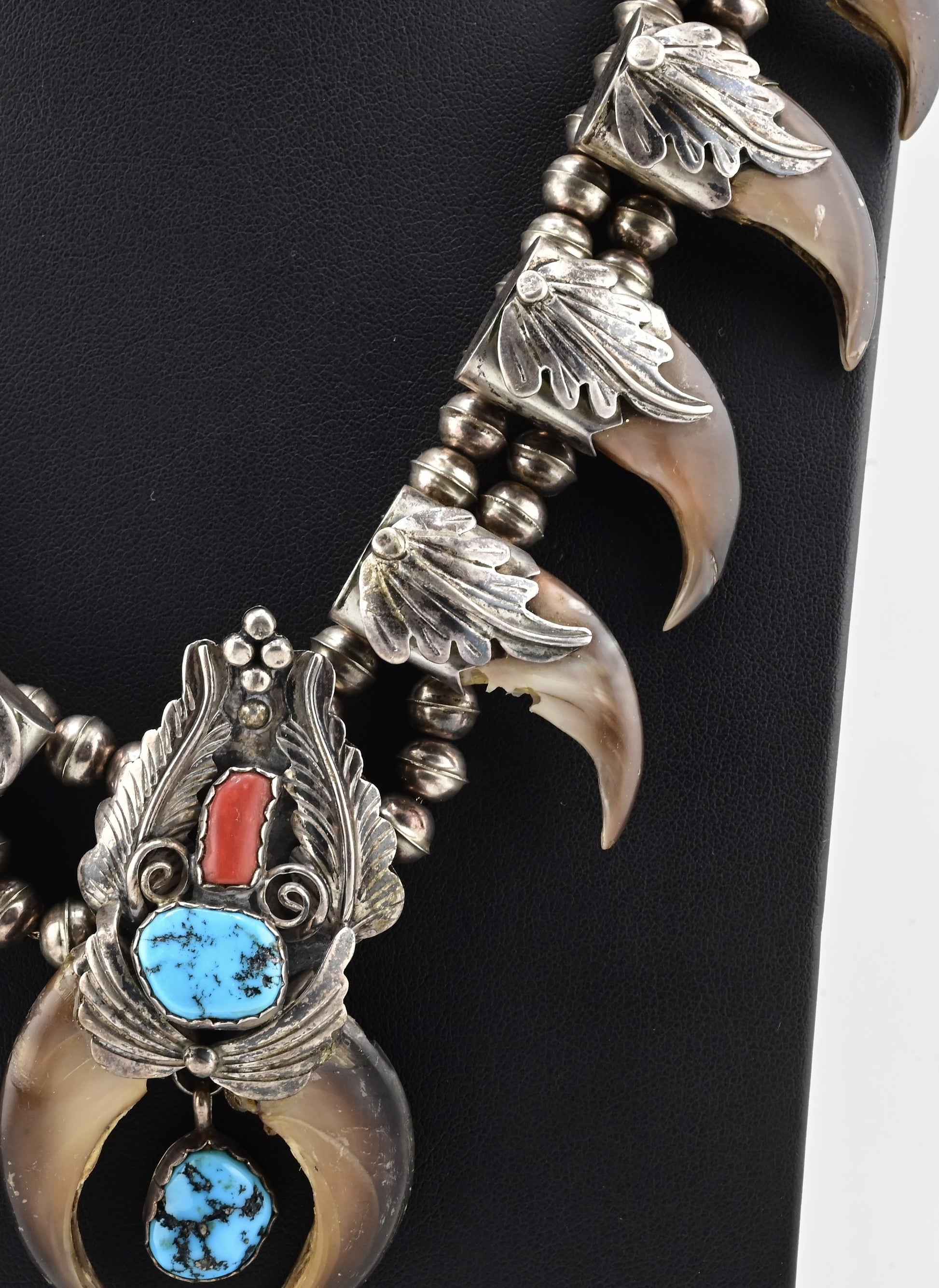 Navajo M. Tsosie Sterling Silver Necklace 125.26g Turquoise Coral Claw Naja