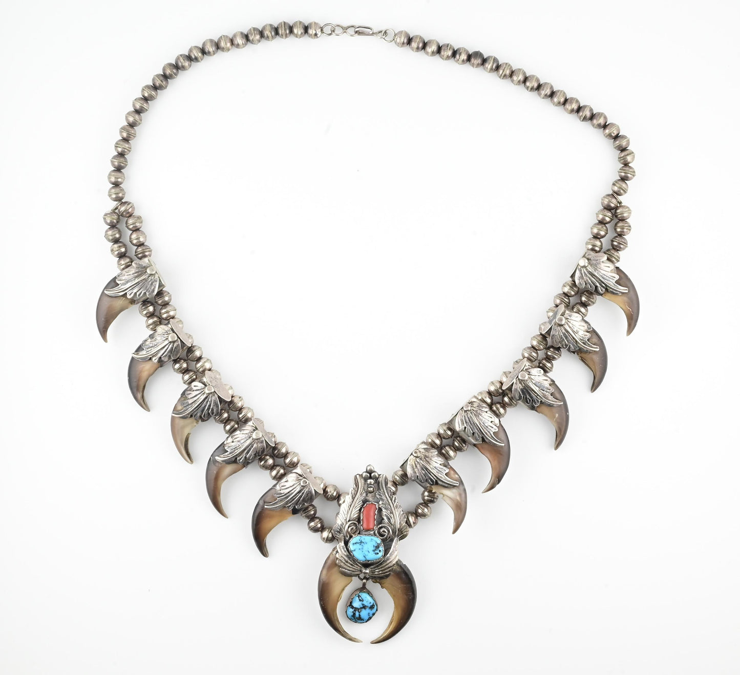 Navajo M. Tsosie Sterling Silver Necklace 125.26g Turquoise Coral Claw Naja